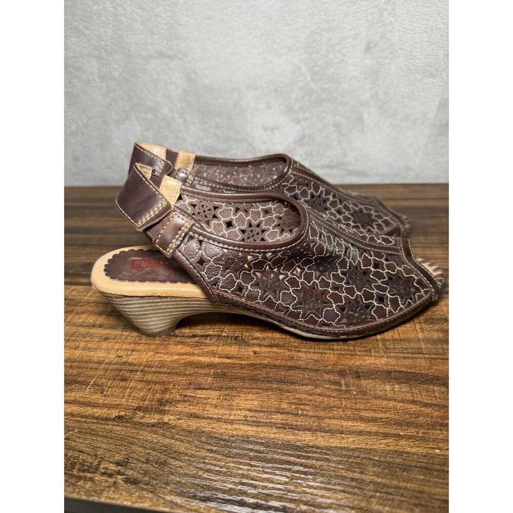 Pikolinos Romana Brown Leather Floral Peep Toe Sandals Slingback Sz 39 8.5 US